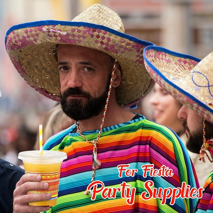 Jingmore 100 Pack 12 oz Fiesta Plastic Cups with Lids and Paper Straws Mexican Clear Disposable Cups Bulk Cinco De Mayo Party Decorations for Fiesta Taco Birthday Party Drinkware Supplies