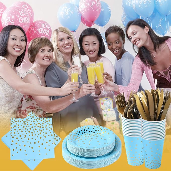 Blue and Gold Party Supplies 145PCS Golden Dot Disposable Party Dinnerware Includes Paper Plates, Napkins, Knives, Forks, Cups, Banner, for Baby Shower, Boy Birthday, Serves 24