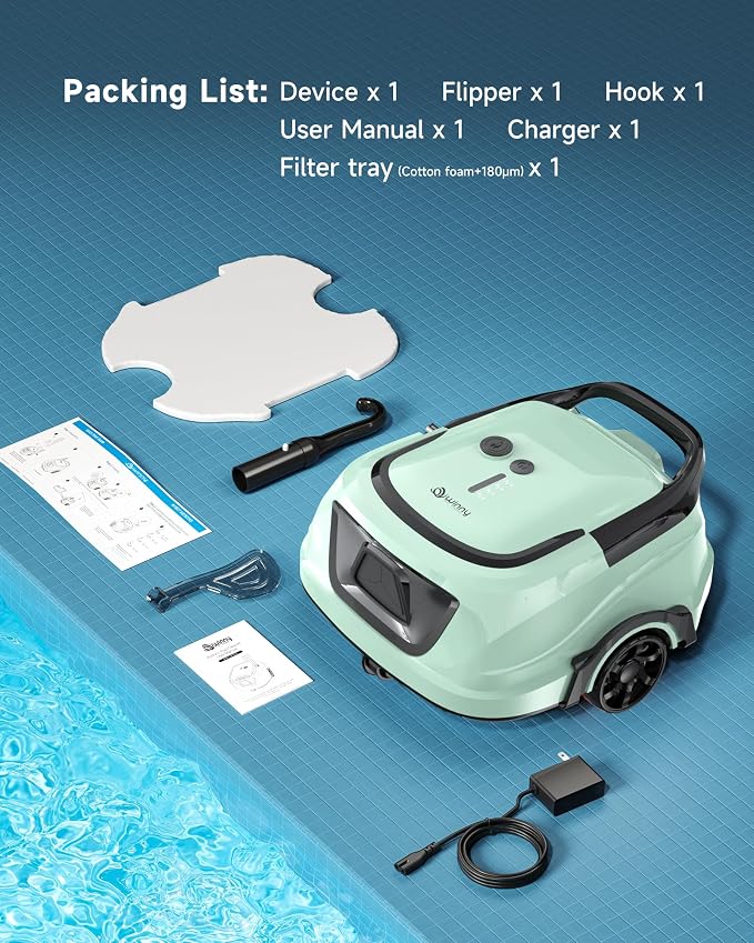 2026 Cordless Robotic Pool Vacuum for Above Ground Pools, Automatic Pool Cleaner Featuring Powerful Suction, LED Status Light & Dual‑Layer Filters, 2.5‑Hour Rapid Charging, Self‑Parking.Green