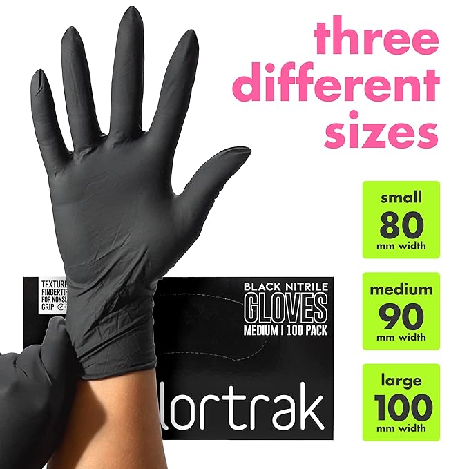 Colortrak Disposable Nitrile Gloves, Black, Luminous Collection Latex-Free, Powder-Free Hair Color Gloves for Chemical Processing & Salon Services, 1000 Count (10 Boxes), Medium