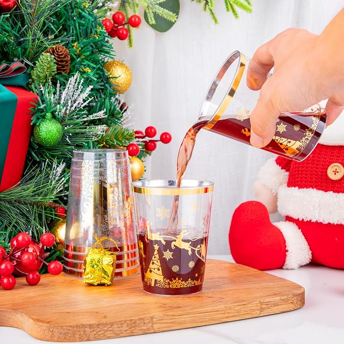 supernal 100pcs Christmas Party Cups,Gold Plastic Cups with Christmas Design,Plastic Party Cup,Disposable Cups,10oz Christ's Mass and Disposable Cups for Xmas Party