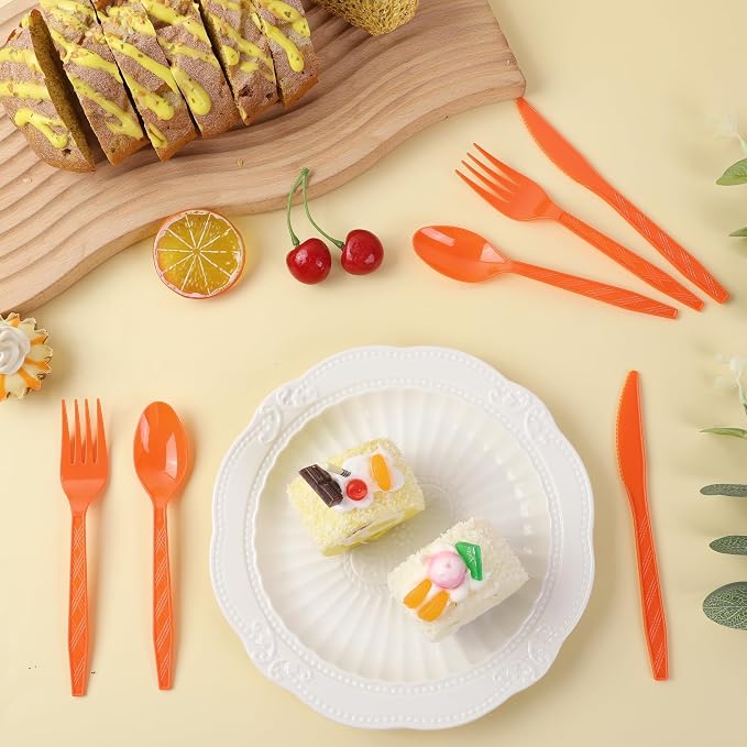 Kochorie 360 Pieces Orange Plastic Cutlery Set Disposable Plastic Utensils Heavy Duty Flatware Set Includes 120 Knives 120 Forks 120 Spoons for Party Wedding Birthday