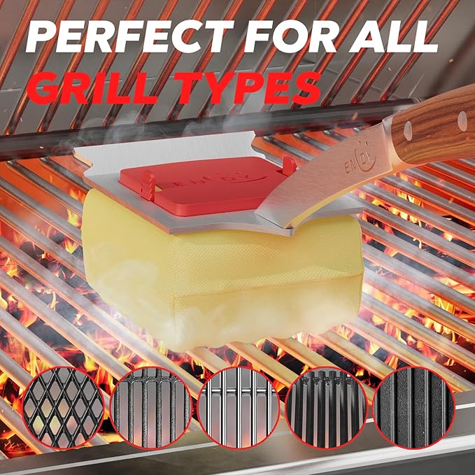 ENLOY Grill Brush for Outdoor Grill, Bristle Free Steam Grill Brush with Scraper, Replaceable Head, Safe Steam Cleaning 17'' Long Handle Grilling Accessories for Most Grills, Gifts for Men Dad Husband