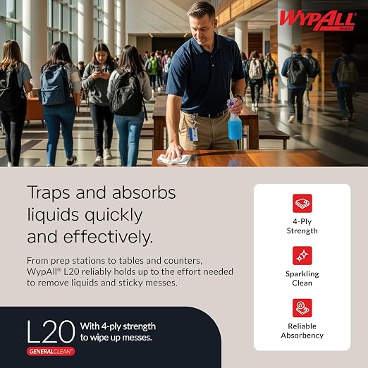 WypAll® GeneralClean™ L20 Medium Cleaning Cloths (47044), Pop-Up Box, White (88 Sheets/Box, 10 Boxes/Case, 880 Sheets/Case)