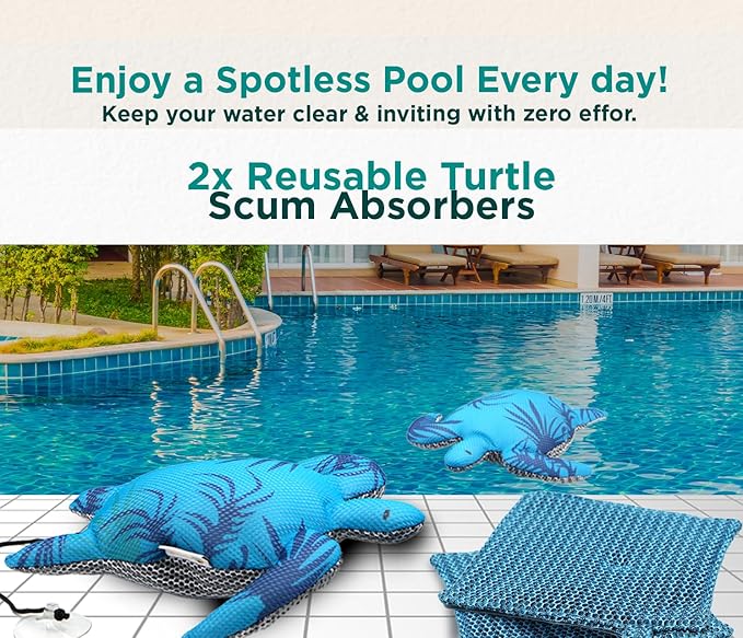 2 Pack Turtle Hot Tub Scum Absorber, Floating Scum Sponge for Spa Hot Tub – Oil Absorbing Hot Tub Scum Sponge with Mesh Cleaning Cloths, Essential Hot Tub Accessories to Help Keep Water Clear
