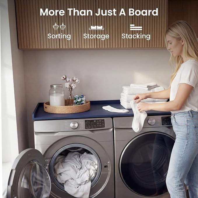 Premium Washer Dryer Countertop 54" W x 27.5" D x 3.1" H, One Solid Base Board Laundry Room Topper with Edge Rails, Washing Machine Top, Painted Finish, Anti-Slip Feet, Engineered Wood, Blue Color
