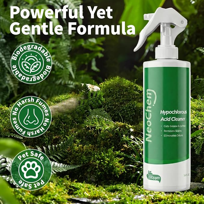 Hypochlorous Acid Spray For Cleaning, 500ppm Hypochlorous Acid,Cuts Grease, Removes Stains, Eliminates Odors - No Rinse, No Harsh Fumes, Biodegradable (16oz*4)