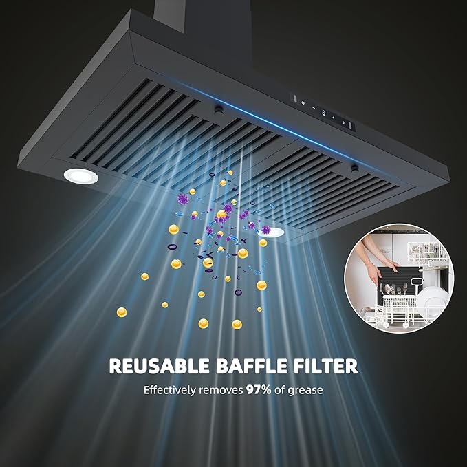 FIREGAS Black Range Hood 30 inch, 450 CFM Wall Mount Range Hood with Ducted/Ductless Convertible, Gesture Sensing Control & Touch Control Kitchen Hood Vent, Baffle Filters, Charcoal Filters