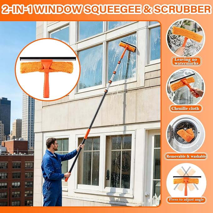 26FT High Ceiling Duster with Extension Pole, High Reach Duster Cleaning Kit, Ceiling Fan Cleaner Duster, Cobweb Dusters & Window Cleaning Squeegee Kit for Fan Blades, Furniture, Corner, Long Dusters