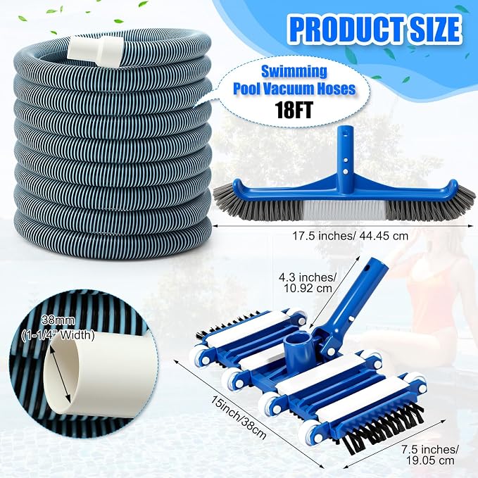 3 Pcs Pool Cleaning Kit Swimming Pool Vacuum Head Hoses 1-1/2" x 30ft with Swivel Wheel Vacuum Head and 14 '' Brush for Inground & Above Ground Pools Spas Ponds Cleaning Manual(with Bristles)
