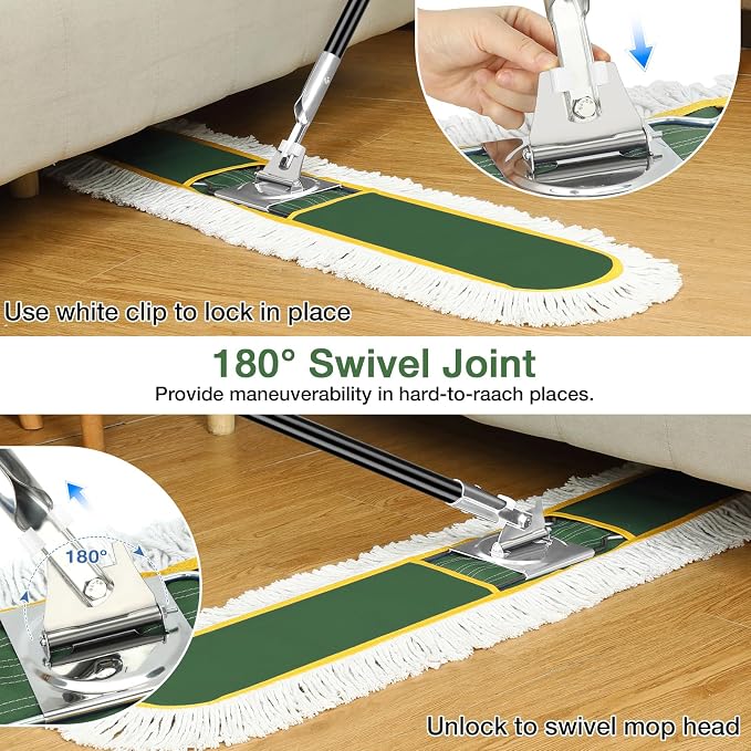 48" Commercial Dust Mop for Floor Cleaning with 2 Cotton Mop Pads | Heavy Duty Wet Dry Broom with 65" Metal Handle for Commercial Industrail Office Garage Warehouse Factory Mall/Green