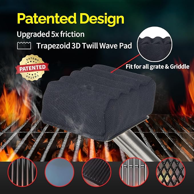 Bristle-Free Grill Brush – Upgraded Aramid Fiber Wavy Pad. Safe for Cast Iron, Porcelain, Weber Gas & Charcoal Grills. Replaceable Head – Perfect for Outdoor Grill Cleaning.