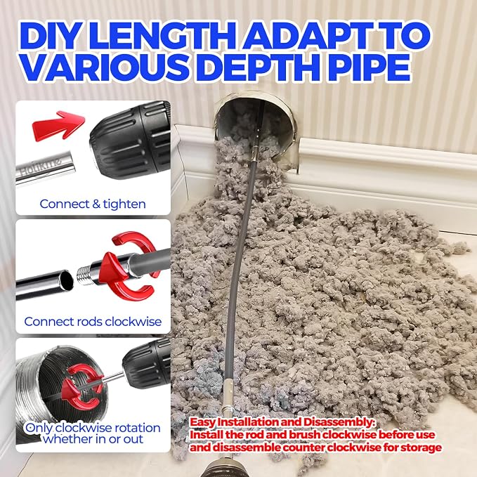 Holikme 30 Feet Dryer Vent Cleaner Kit, Flexible Lint Brush with Drill Attachment, Fireplace Chimney Brushes Extends Up to 30 Feet for Easy Cleaning, Use with or Without a Power Drill, Grey