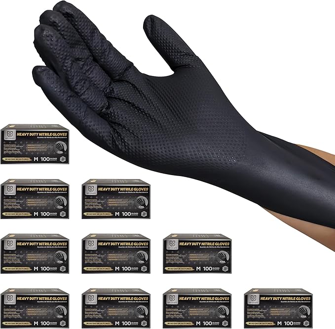 Heavy Duty Black Diamond Grip 8mil Nitrile Gloves - Industrial Grade, Puncture & Chemical Resistant Safety Gloves