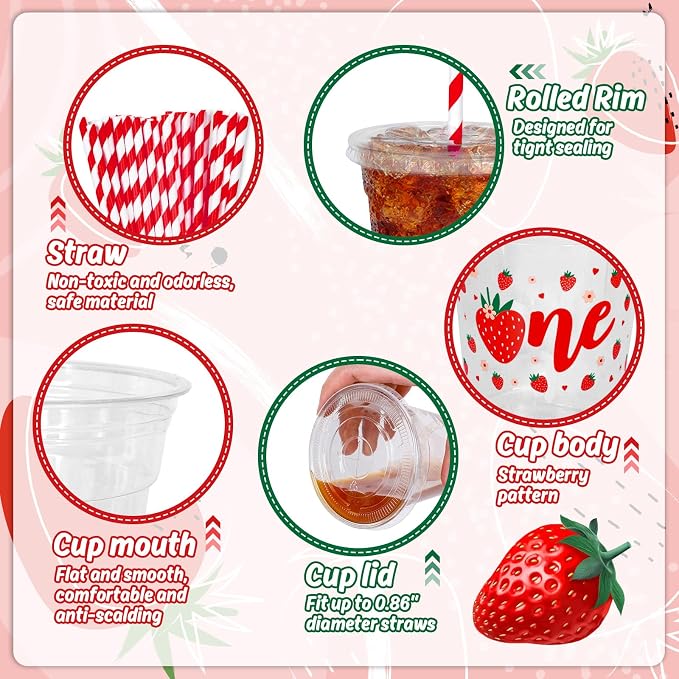 Whaline 50Pcs Strawberry Disposable Plastic Cups with Lids and Straws 12 Oz Sweet One Berry Cold Beverage Drinking Cups for First Birthday Summer Fruit Party