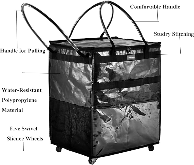 Reusable Grocery Bag On Wheels Large Capacity Shopping Trolley Foldable Rolling Tote with Outside Pocket, Heavy Duty Handle (Black, Large)