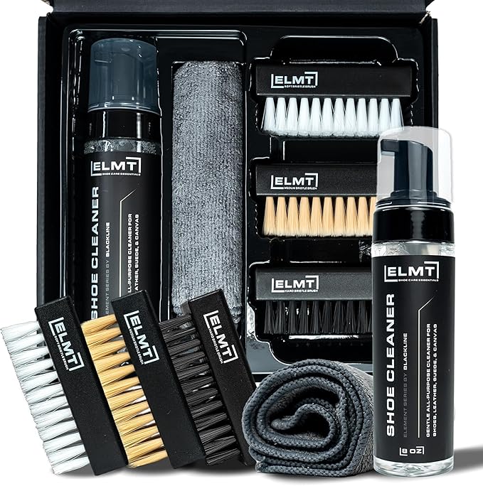 Blackline ELMT Shoe Cleaner Kit — Ideal Sneaker, Canvas, Mesh, Nubuck, Sheepskin, Leather, Suede Shoe Cleaner — US-Made, Safe, 10X Potent Shoe Cleaning Kit (8 oz Solution, 3 Brushes, Microfiber Towel)