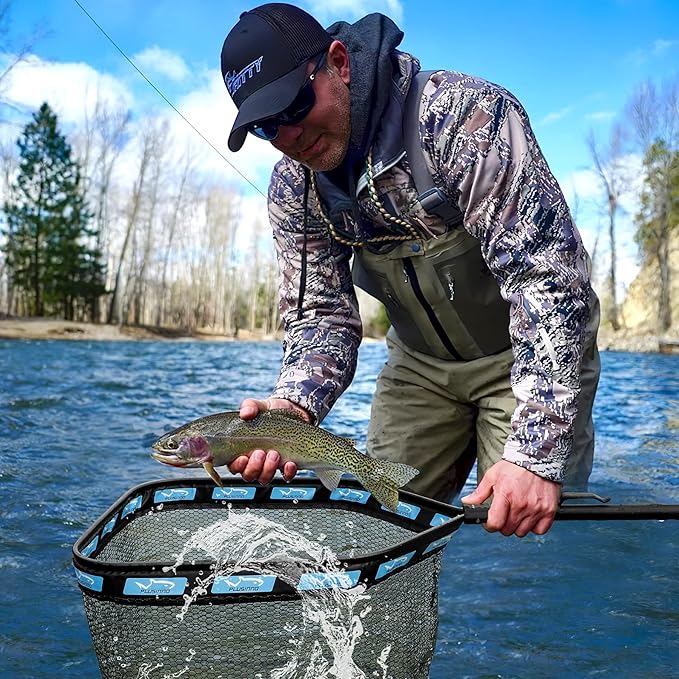 PLUSINNO Floating Fishing Net for Steelhead, Salmon, Fly, Kayak, Catfish, Bass, Trout Fishing, Rubber Coated Foldable Landing Net with Fixed or Telescoping Pole Handle, Fishing Gear and Gifts for Men