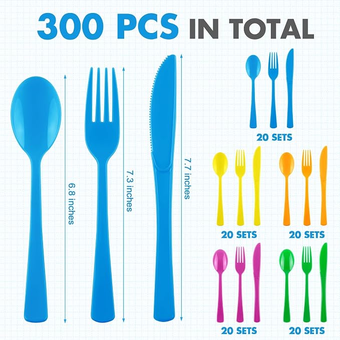 Kochorie 300 Pieces Graduation Rainbow Plastic Silverware, Disposable Colorful Utensils, Neon Plastic Silverware Cutlery Set Heavyweight Flatware Includes Spoons Forks Knives for Birthday Party Dinner