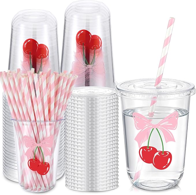 LemonRoad 50sets 16oz Pink Cherry Bow Cups Pink Birthday Party Decorations Supplies Cute Plastic Cups Disposable with Lids and Straws for Valentines Galentines Day Christmas Wedding Baby Shower