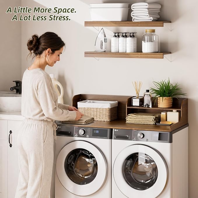Washer Dryer Countertop with Shelf, 54" x 27.5" 2-Tier Bamboo Laundry Topper, Washer and Dryer Countertop for Laundry Room Organization with Edge Rails, Waterproof, Walnut