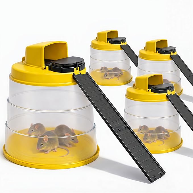 RinneTraps Flip N Slide All-in-One Mouse Trap |4 Pack| |Bucket Included| Self-Resetting Humane Live Catch | Made in USA | Indoor & Outdoor