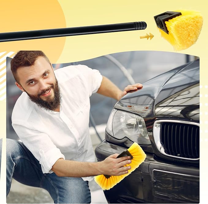 3 Pcs Car Wash Brush Head with Soft Bristles Flow Thru Car Cleaning Brush Yellow Car Wash Brush for Car Auto Truck RV Boat Camper Washing Home Auto Repair Shop