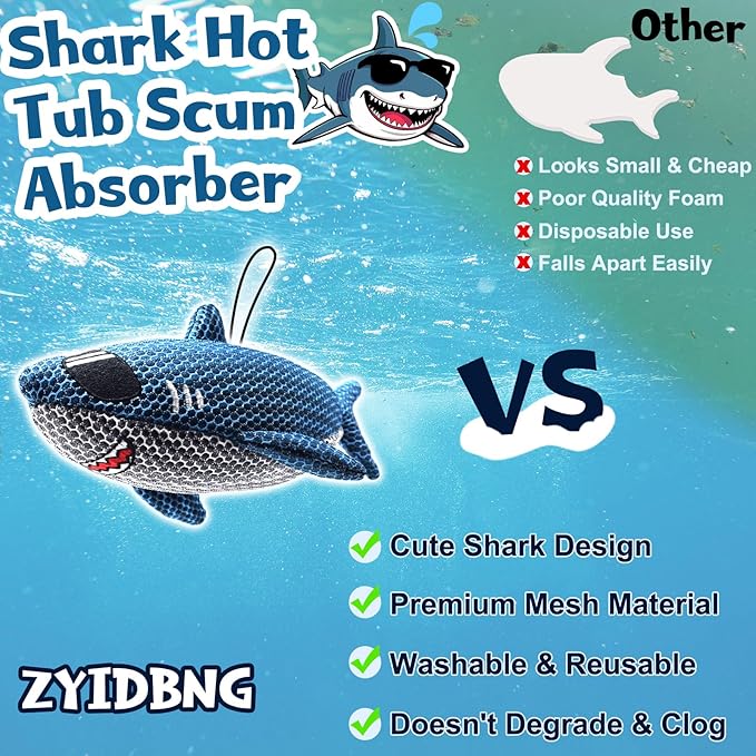 Shark Hot Tub Scum Absorber Reusable Washable Hot Tub Sponge Scum Absorber for Spa Hot Tub Oil Scum Absorber Spa Accessories for Adults (1 Pack, Shark)