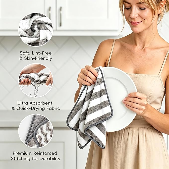 Microfiber Cleaning Cloth 6 Pack, Ultra Soft Absorbent Lint Free Reusable Kitchen Towels with Hanging Loop, 12x12 Inch Gray Dish Towels for Kitchen, Car & Household