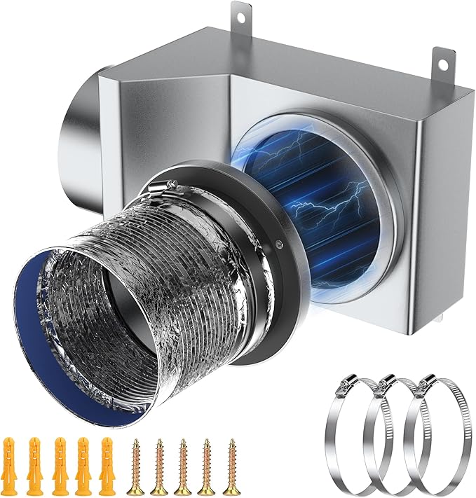 Magnetic Dryer Vent Coupler 90 Degree Elbow, Strong Magnetic Self-Connection Dryer Vent Connector Kit, Stainless Steel Airtight Seal for Dryer Venting, Includes 2.6ft 4IN Duct & Clamps