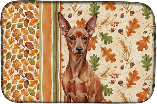 Caroline's Treasures Red Miniature Pinscher Min Pin Heirloom Fall Dish Drying Mat Absorbent Dish Drying Mat Pad for Kitchen Counter Dish Drainer Mat for Countertop, 14 x 21", Multicolor