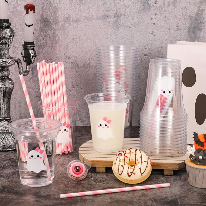 Whaline 50 Pcs Halloween Disposable Plastic Cups with Lids and Straws Cute Pink White Ghost Cold Beverage Drinking Cups for Trick or Treat Birthday Party Supplies