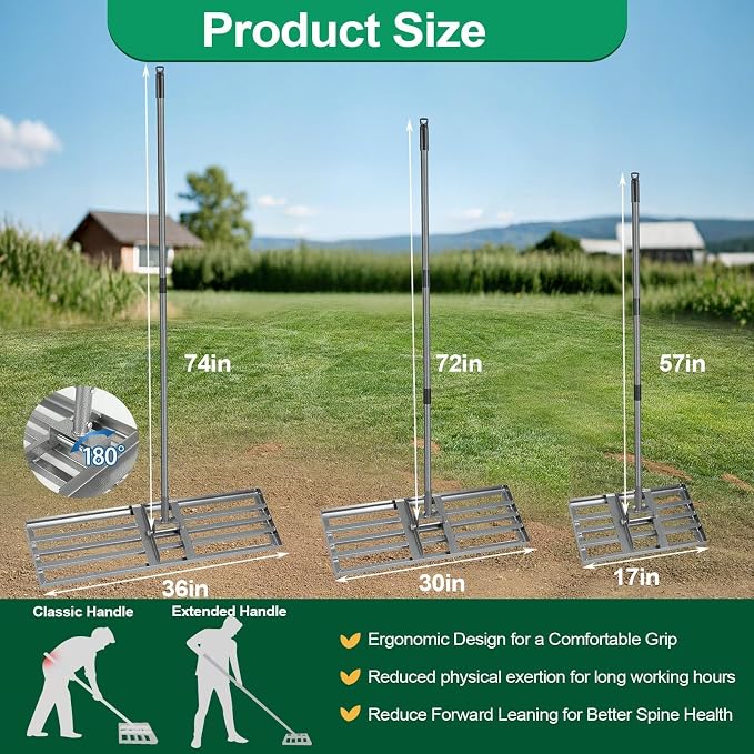 Lawn Leveling Rake, 30" x 10" Heavy Duty Lawn Leveler Tool with Adjustable Handle, Steel Ground Leveling Rake for Spreading Soil, Sand, Compost & Top Dressing, Yard Garden Farm Golf Course Tool