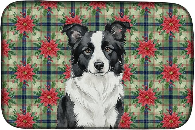 Caroline's Treasures Border Collie Christmas PoinsettIas Dish Drying Mat Absorbent Dish Drying Mat Pad for Kitchen Counter Dish Drainer Mat for Countertop, 14 x 21", Multicolor