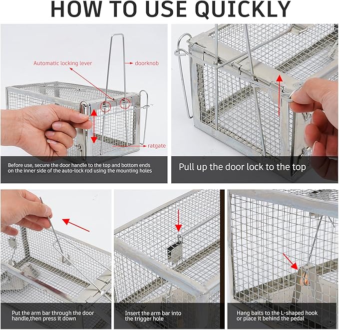 Humane Rat Trap - Catch & Release Chipmunks,Rats & Mice,Live Mouse Trap for Indoor & Outdoor Use ， No-Kill Rodent Trap for Home, Yard, Garage ，Reusable Metal Cage 10.5"x5.5"x4.5"(2pack)