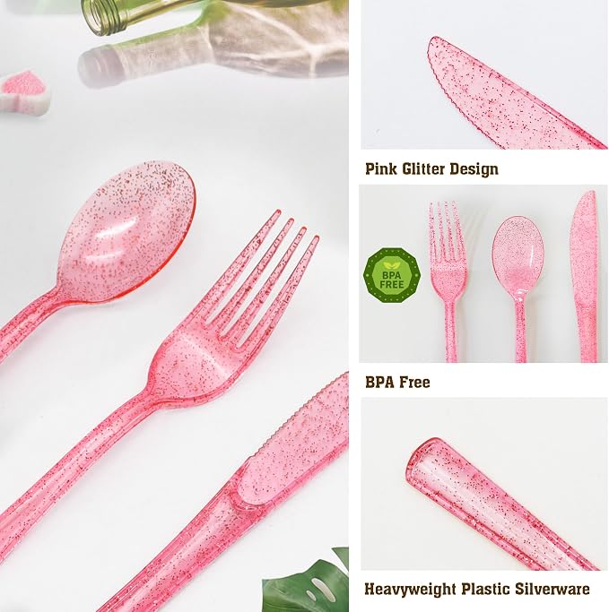 150 Pcs Pink Silverware Set Heavy Duty Pink Plastic Silverware - 50 Forks, 50 Knives, 50 Spoons for Brithday, Valentine's Day, Wedding, Baby Shower, Bridal Shower