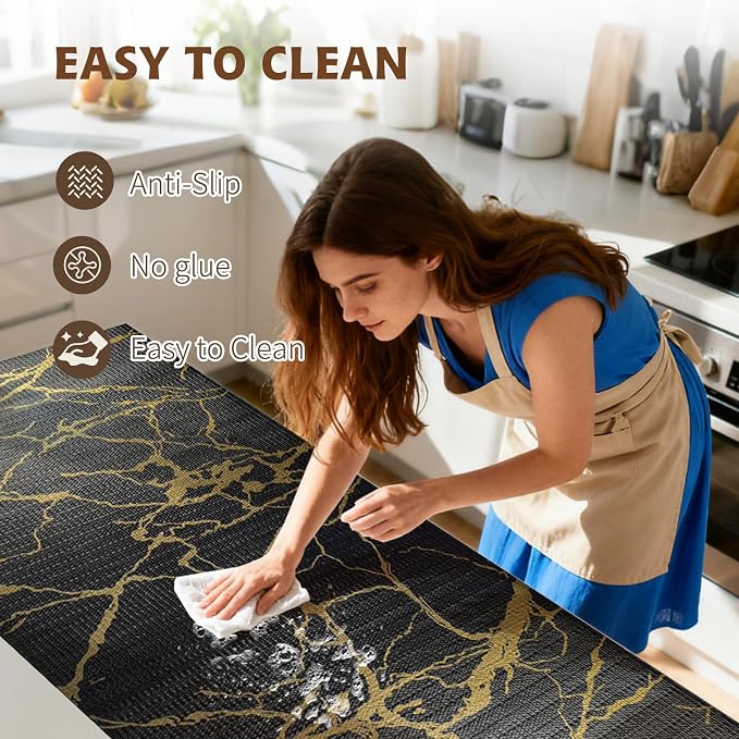 2-Layer Drawer and Shelf Liner for Kitchen Cabinet: 17in X 30Ft Non Slip Waterproof Shelf Paper Non Adhesive Refrigerator Liners Black/Gold Marble Easy Liners for Bathroom with Knife Tape Measure