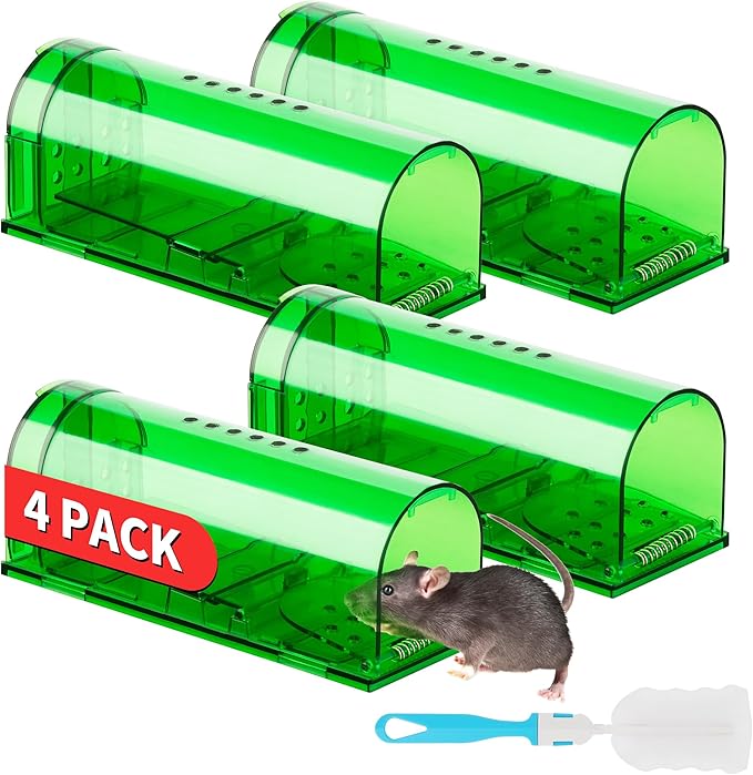 LULUCATCH Humane Mouse Traps 4 Pack, No Touch Catch and Release Live No Kill Rodent Traps, Reusable with Cleaning Brush, Pet Safe Indoor Outdoor Rodent Control for Mice, Rats, Chipmunks, Voles
