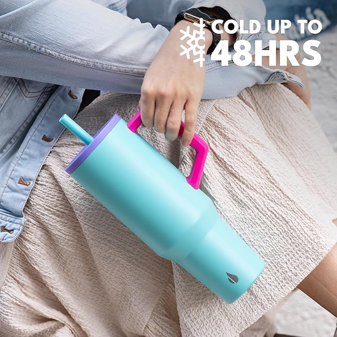 Elemental 40 oz Tumbler with Handle and Straw - Spill Proof Insulated Stainless Steel Commuter for Cold Beverages - Travel Coffee Mug with 2 Straws & Spill Proof Lid - 40oz - Blue Tie Dye