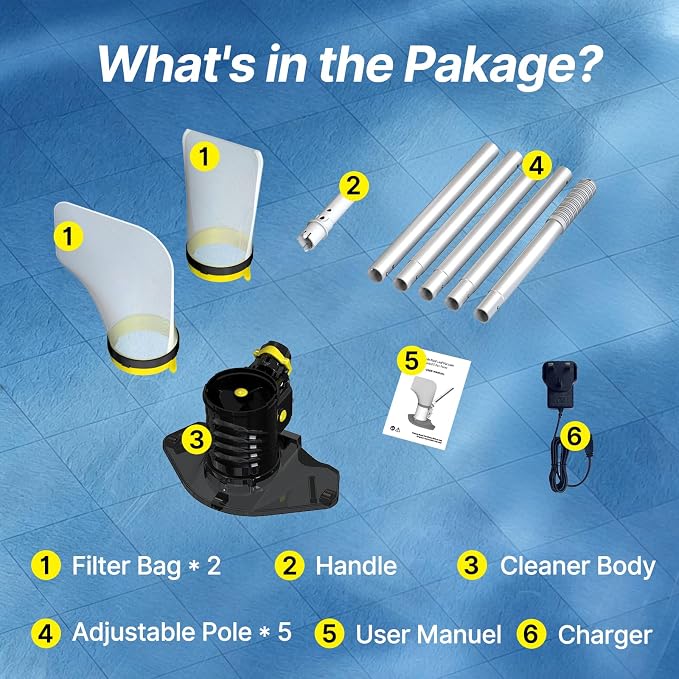 Cordless Pool Spa Vacuum Cleaner Rechargeable Handheld Pool Vacuum with 60-Min Runtime Dual Filtration 3 Cleaning Heads Telescopic Pole for Sand Leaves Hot Tubs Above Ground & Small Pools (Yellow)