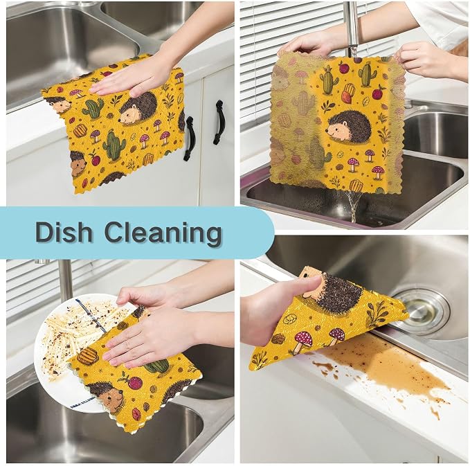Hedgehogs Cactus Orange Kitchen Towels Dish Cloths Set of 6 Microfiber Cleaning Cloths for Cars Super Absorbent Machine