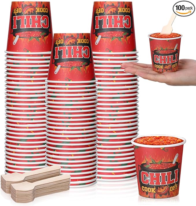 Teenyyou 100 Pcs 5 oz Chili Cook off Party Decorations Mini Chili Cook off Tasting Cups Disposable Sample Paper Cup Bowls and Wooden Spoons for Pepper Competition Prizes Party Cooking Supplies, Red