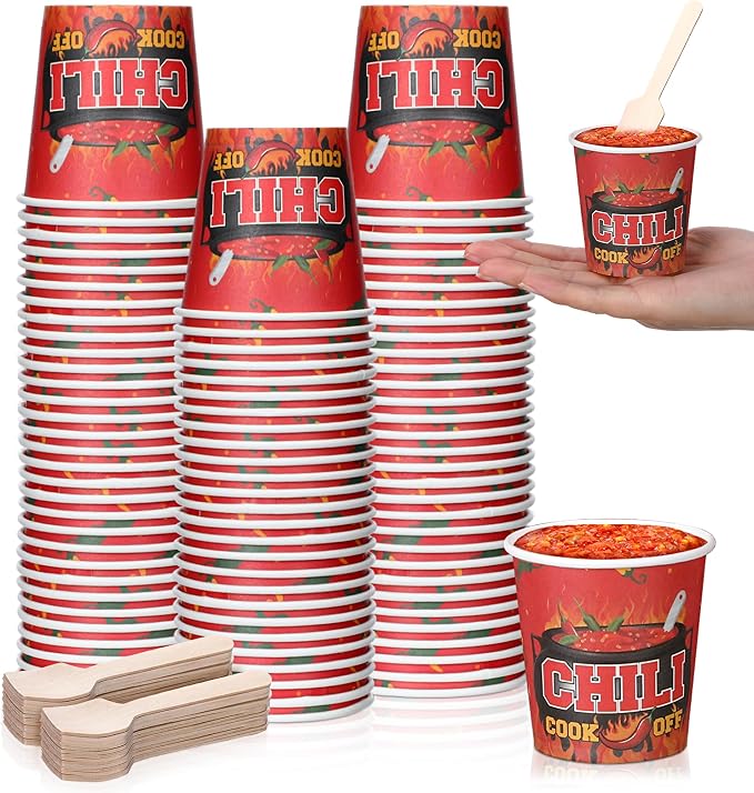 Teenyyou 400 Pcs 5 oz Chili Cook off Party Decorations Mini Chili Cook off Tasting Cups Disposable Sample Paper Cup Bowls and Wooden Spoons for Pepper Competition Prizes Party Cooking Supplies, Red