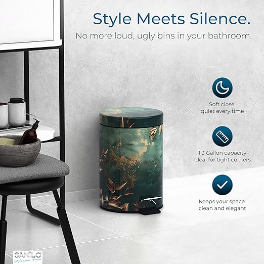 Sanilo Small Bathroom Trash Can with Lid [1.3 Gallon] - Lidded Tiny Trashcan for Garbage - Mini Metal Bin with Soft Closing Mechanism - Bath Room Accessoire Wastebin with Inner Bucket (Greego)