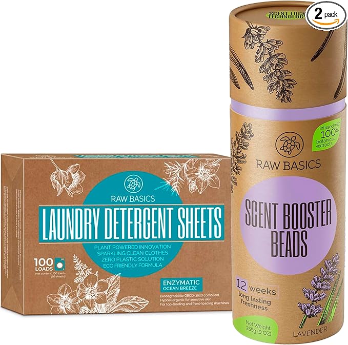 RAW BASICS Scent Boosters for Washer, Lavender Aroma, and Laundry Detergent Sheets, Ocean Breeze Scent