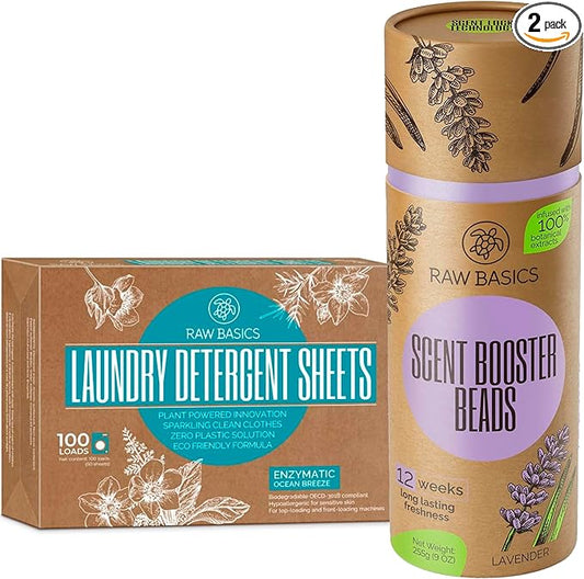 RAW BASICS Scent Boosters for Washer, Lavender Aroma, and Laundry Detergent Sheets, Ocean Breeze Scent