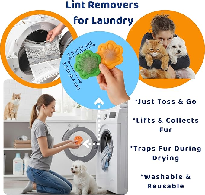 Reusable Pet Hair Remover for Laundry, Removes Dog & Cat Fur, Lint & Dander from Clothes, Furniture and Car Interior, Multi Surface Cat & Dog Fur Removal Tool, 3 in 1 Bundle