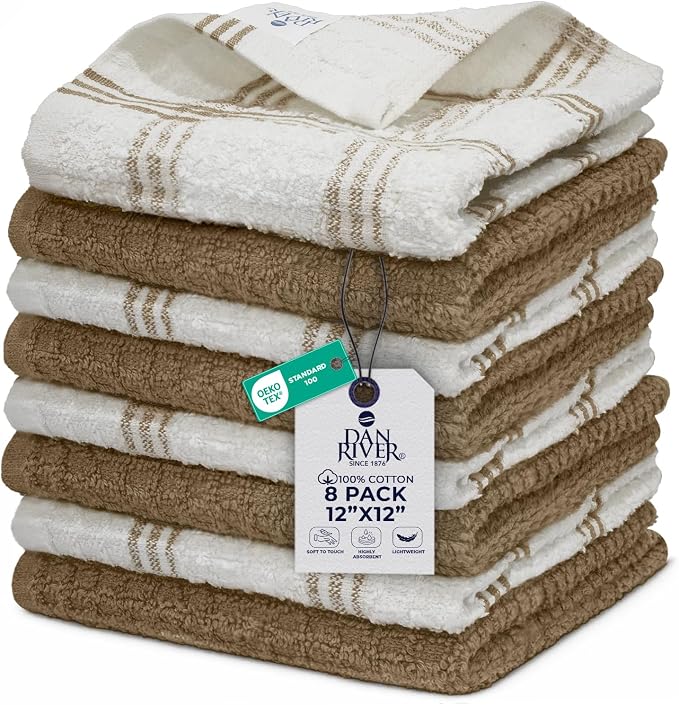 DAN RIVER Premium Dish Cloth 100% Cotton 12 X 12 Inches |Pack of 8|-Ultra Soft Tea Towels-Highly Absorbent Kitchen Rags-Terry Dishcloth for Kitchen and Household Cleaning |Tan|