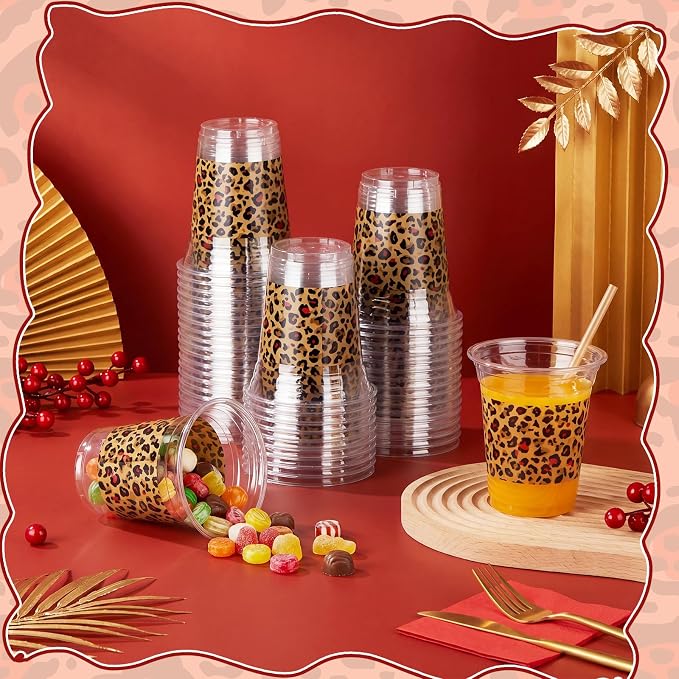 Qinyoung 50 Pcs Red Leopard Print Plastic Cups Cheetah Animal 12oz Disposable Cups Bulk Drinking Cup for Cold Drinks Baby Shower Wedding Birthday Animal Cheetah Print Party Supplies
