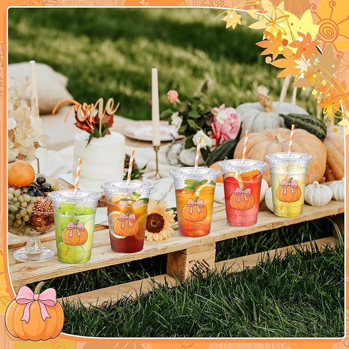 Sliner 50 Pcs 16 oz Coquette Disposable Plastic Cups with Straw for Party Supplies Bow Cups Birthday Wedding Bridal Engagement Party Drinkware Baby Shower Decoration (Pumpkin)